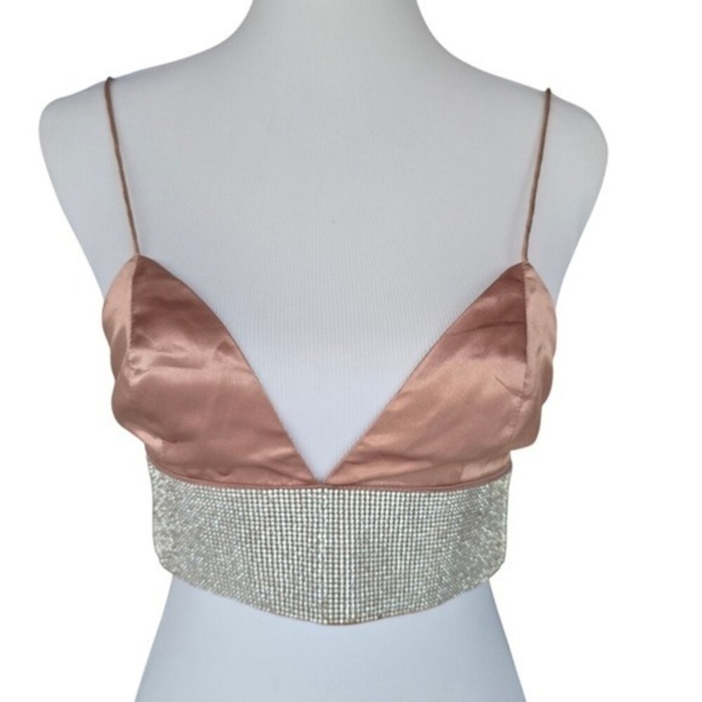 Meshki Rose Gold Rhinestone Crop Top Cami Spaghetti Strap Size S